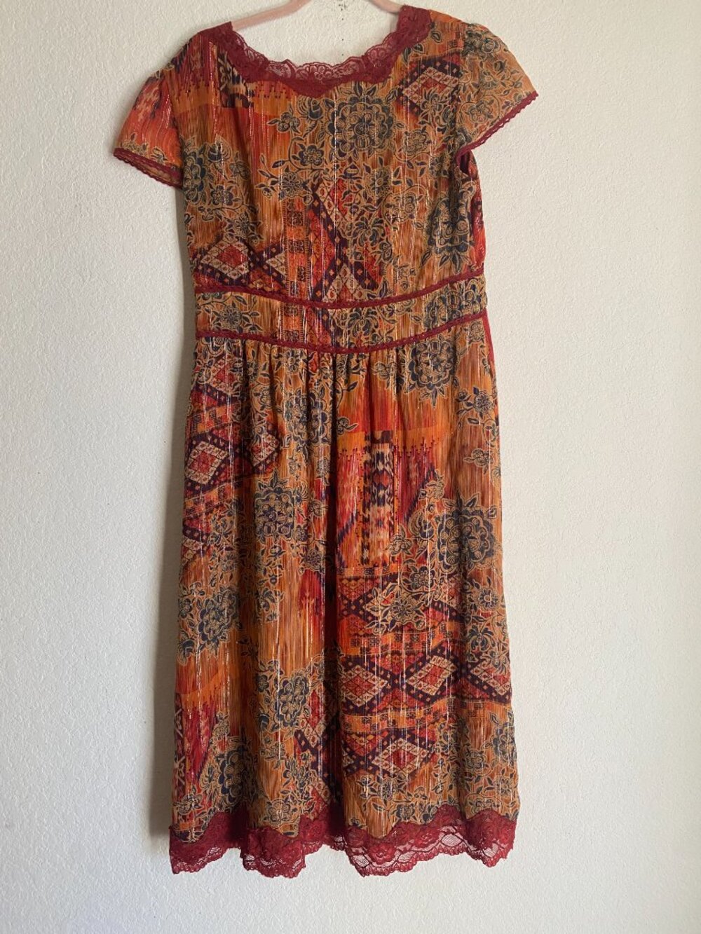 100% Silk Bohemian Paisley Lace-Trim Midi Gypsy Ethereal Dress Robbie Bee - Picture 9 of 11